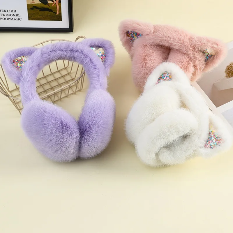 Girly Style Cat Ear Plush Earmuffs with Flowing Glitter Decoration, Thickened Faux Rabbit Fur, Foldable, Winter Windproof Ear Protection