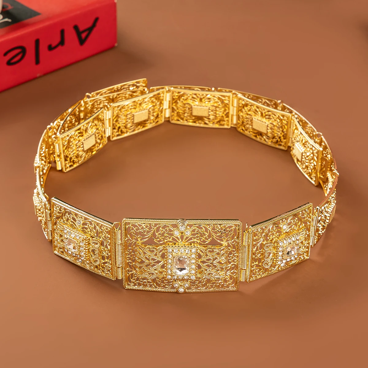 Bridal Ethnic Waist Chain Golden Rectangle Filigree Plaque Square Rhinestone Costume Accessory For Celebration