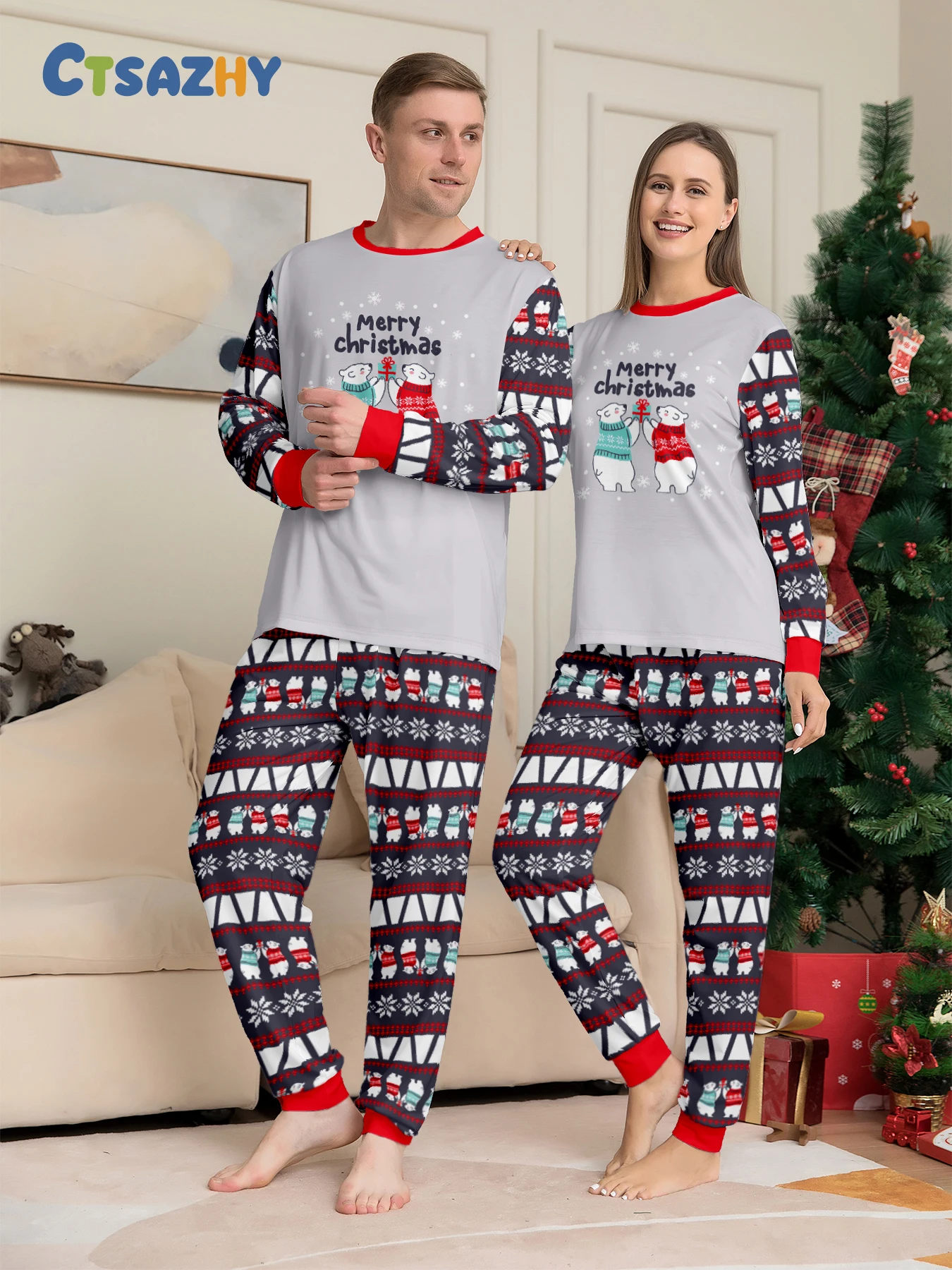 

Рождественский пижамный комплект для пар, одежда для сна с длинными рукавами и принтом белого медведя и «Веселого Рождества»