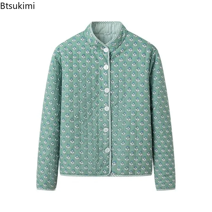 Winter Women's Quilted Jacket Double Sided Printed Mock Neck Long Sleeve Button Down Coat Fashion Casual Outerwear Y2K Clothes