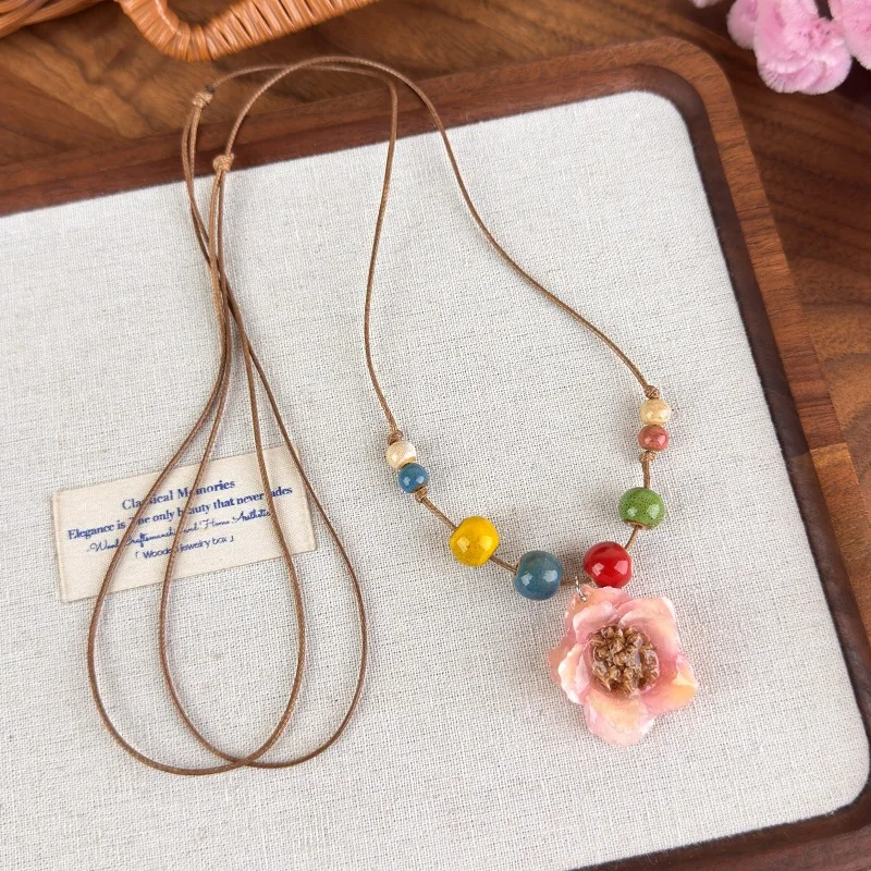 Vintage Forest Handmade Premium Natural Quality Women Long Choker Necklace Preserved Rose Daisy Ceramic Beads Pendant Bohemian