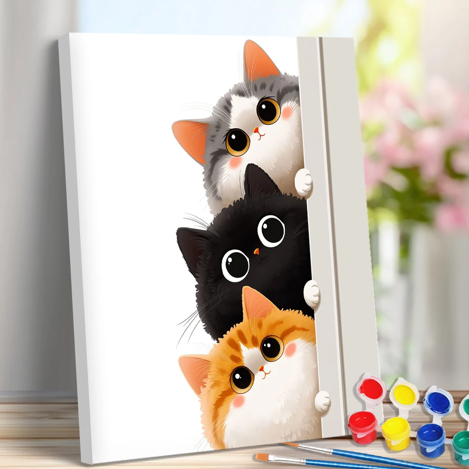 GATYZTORY Simple Painting By Numbers Digital Diy Interior Animals three cats Wall Decororation Number Painting Handwork Draw Set