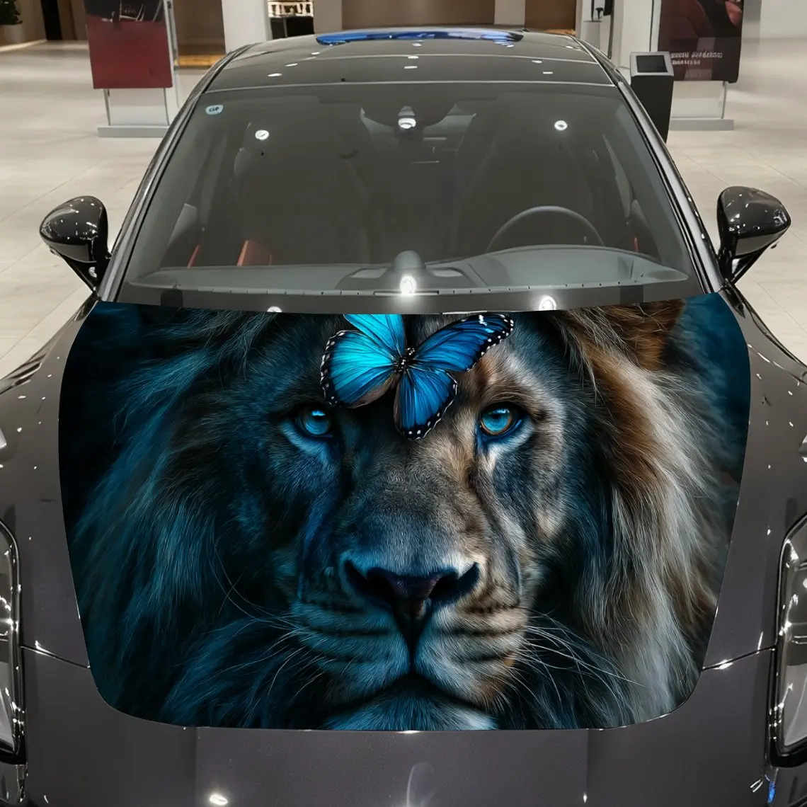 

Blue-Winged Butterfly and Lion Car Vinyl Wrap, PVC Material Waterproof Car Hood Sticker, Self-Adhesive Scratch-Resistant Sticker