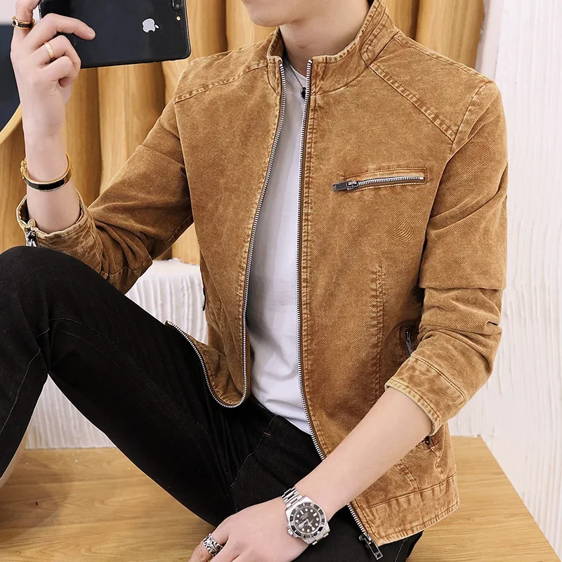 Spring Autumn Men Stand Collar Denim Jacket Fashion Retro Motorcycle Coats Male Long Sleeve Zipper Casual Skinny Jeans Outerwear