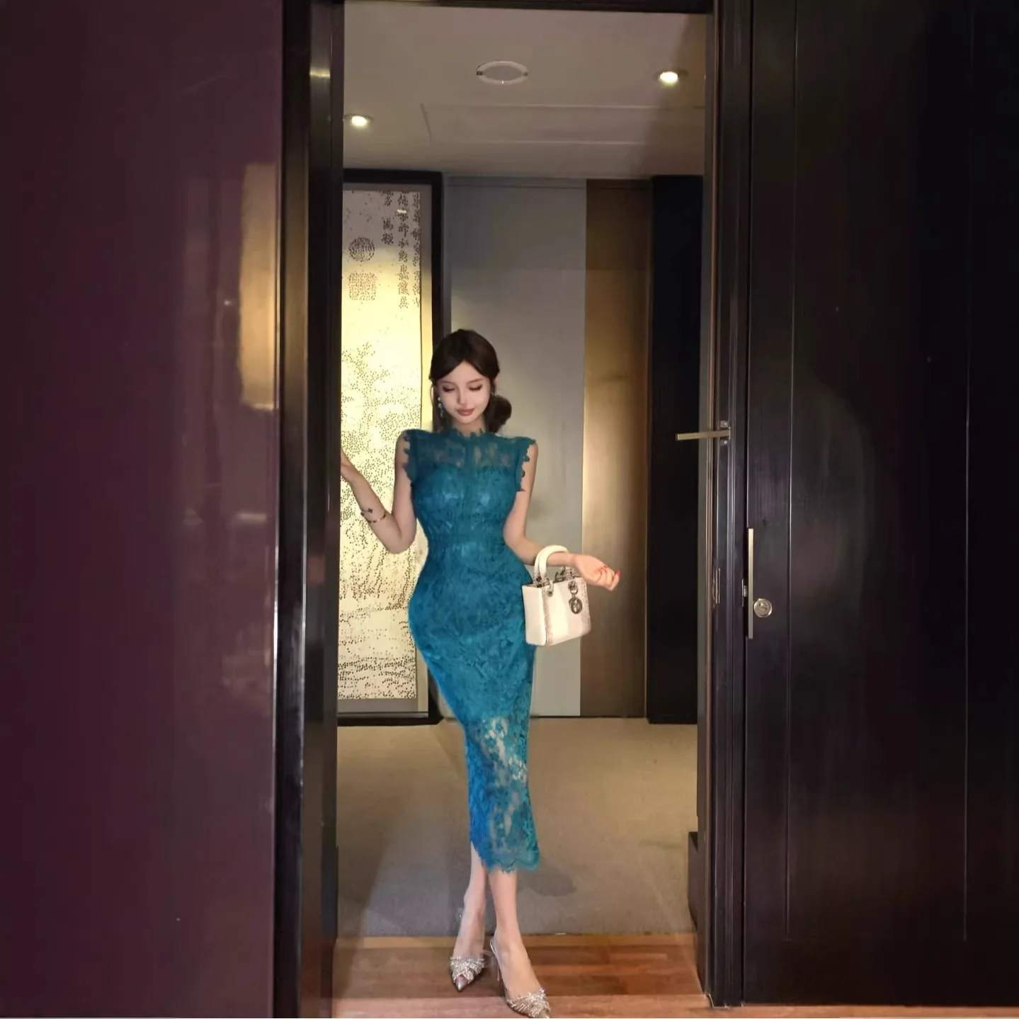 

2026 Summer New Lace Splicing Slim Dress for Women Korean Fashion Women's Sexy Bodycon Dress Elegant Banquet Evening Gown