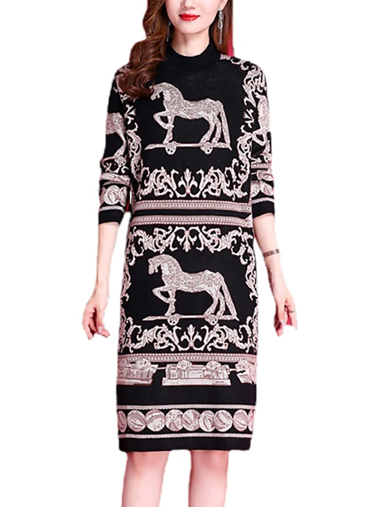 Autumn Winter Black Print Knitted Woolen Pullovers Women Thick Warm Sweater Dress 2024 Korean Vintage Elegant Bodycon Sweaters