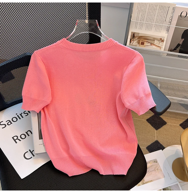 Summer Three-dimensional Flower Short Sleeve Pullover Sweater Women Knitted T-Shirt Korean Chic Sweet O-neck Knitwear Top Jumper