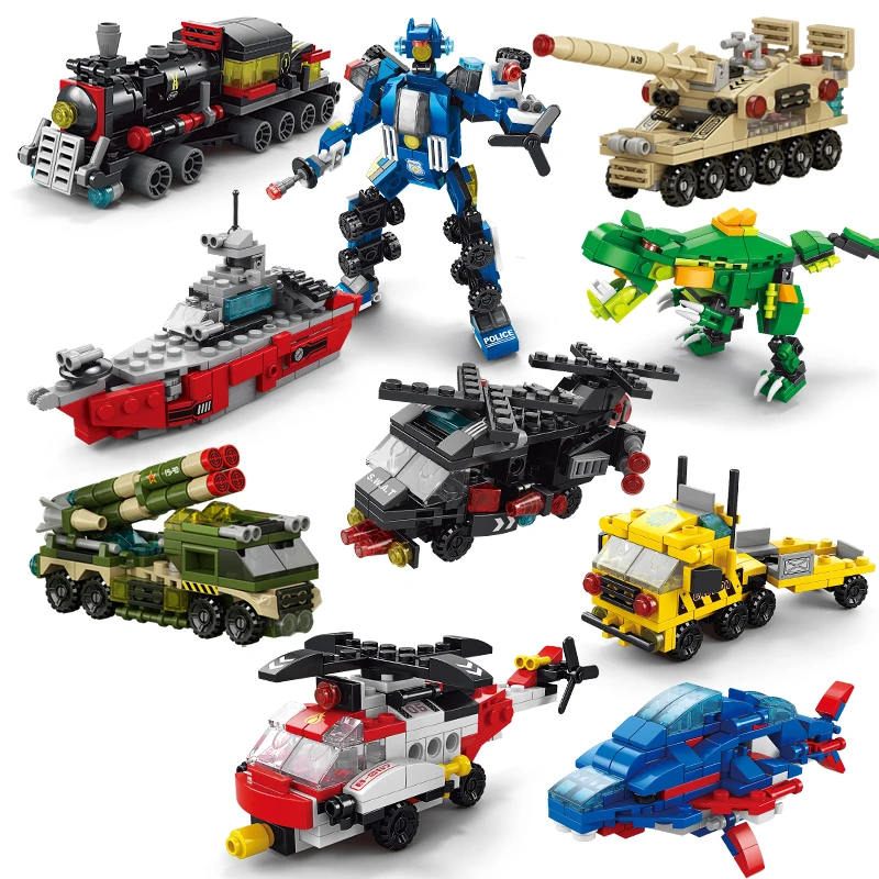 6in1 City Engineering Car Building Blocks Police Truck Dinosaur Tank Helicopter Bricks Fire Fighting Set Toy for Children Kids