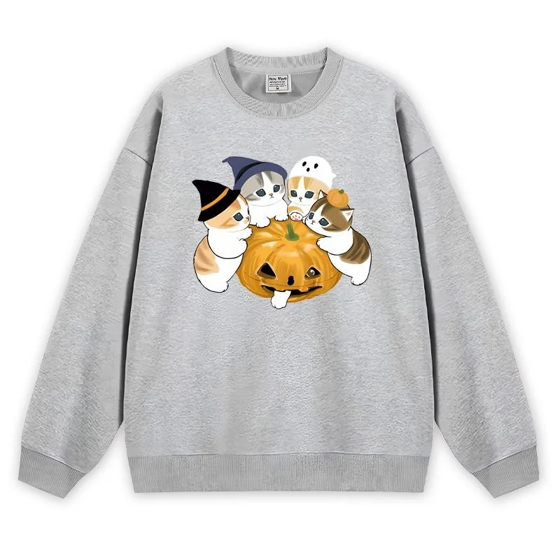 

He Katon Halloween Pumpkin and Cute Cat Collaboration Round-neck Hoodie Is Versatile for Both Men and Women in Autumn and Winter