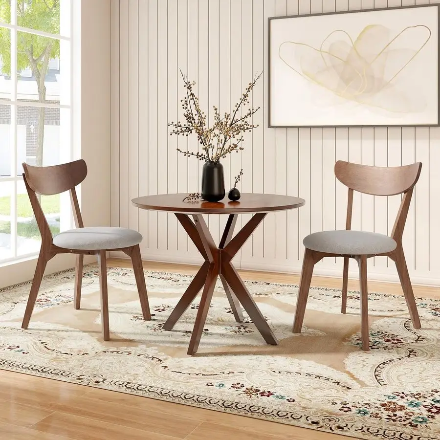 

3Piece Dining Table Set for 2, 36 Kitchen Table with 2 Chairs, Rubber Wood Legs, Brown