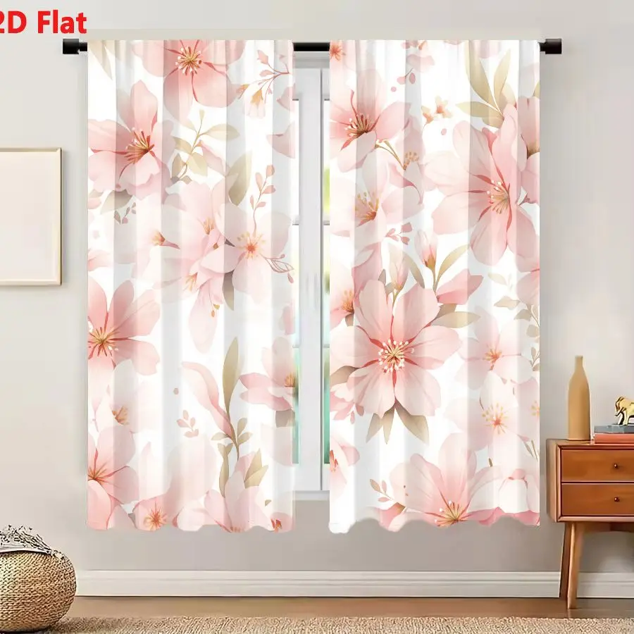 2Pcs Curtains 2D Flat Seamless Floral Pattern With Pink Cherry Blossoms On White Background Window Drapes for Bedroom Room Decor