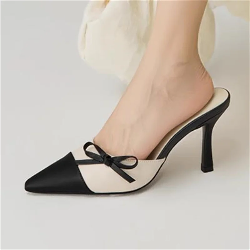 Butterfly-knot Shoes for Women Pointed Toes High Heels Female Mules Sewing Lines Tacones Chassure Femme PU Leather Zapatos Mujer