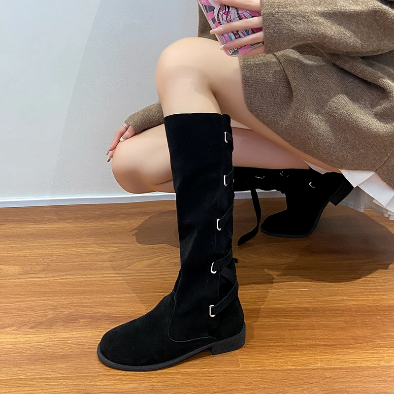 Shoes for Women 2023 High Quality Flock Women's Boots Knee-High Modern Boots Women Back Lace-up Round Toe Low Heel Shoes Ladies