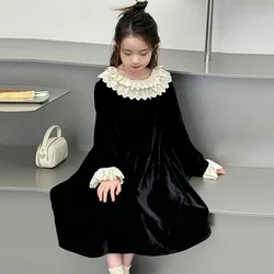 Girls Lace Collar Dresses Big Kids Autumn Velvet Sweet Gown Princess Black Party Vestidos Children Long Sleeve Fashion Clothing