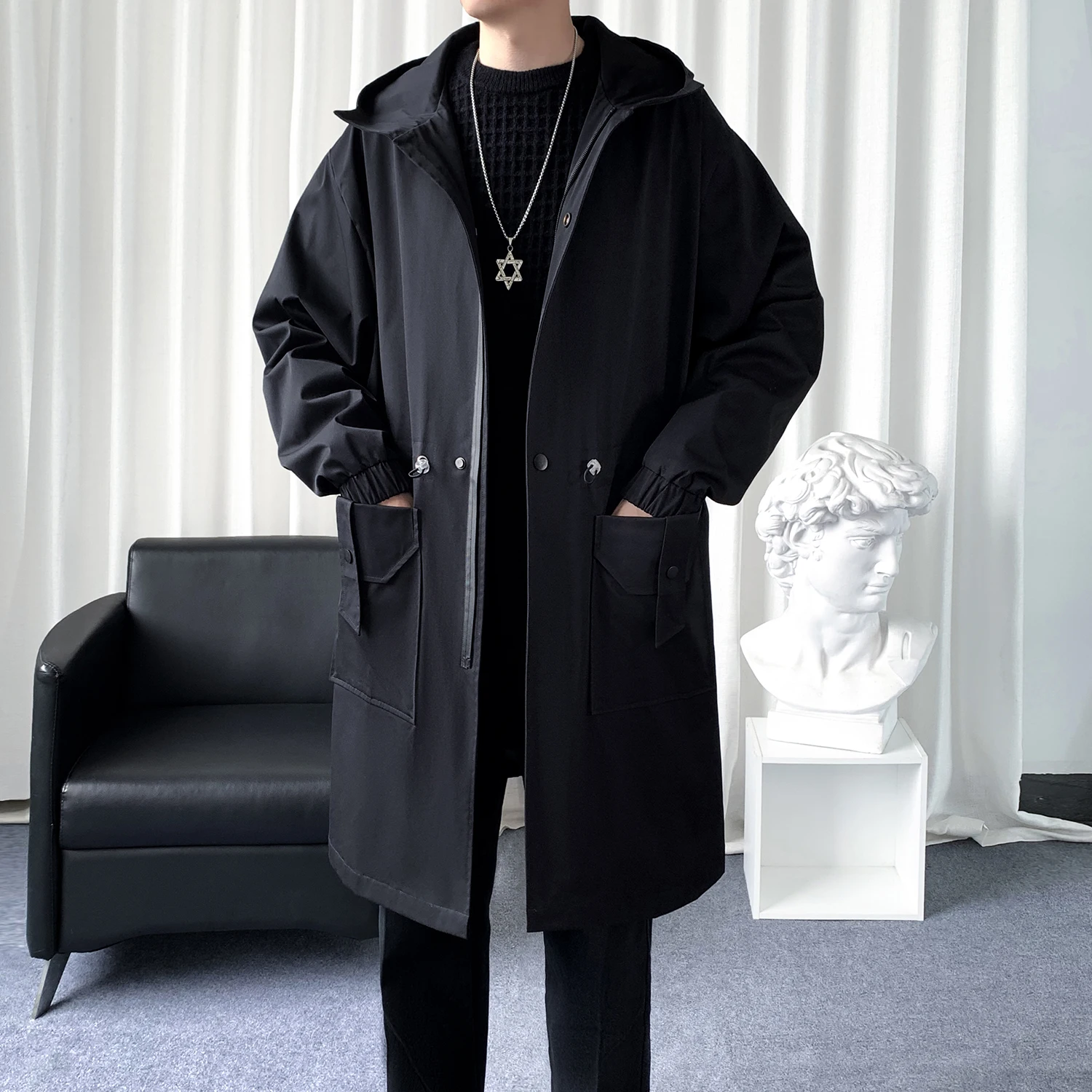 Autumn Solid Hooded Long Windbreaker Loose Oversized Trench Coat Fashionable Jacket Casual Large Pocket Men Clothing Zipper Tops