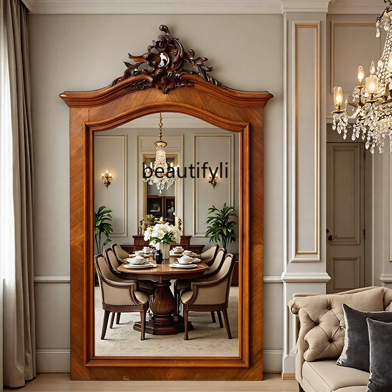 

French retro carved full-length mirror medieval villa floor-to-ceiling mirror classical bedroom, full-length mirror Yhb