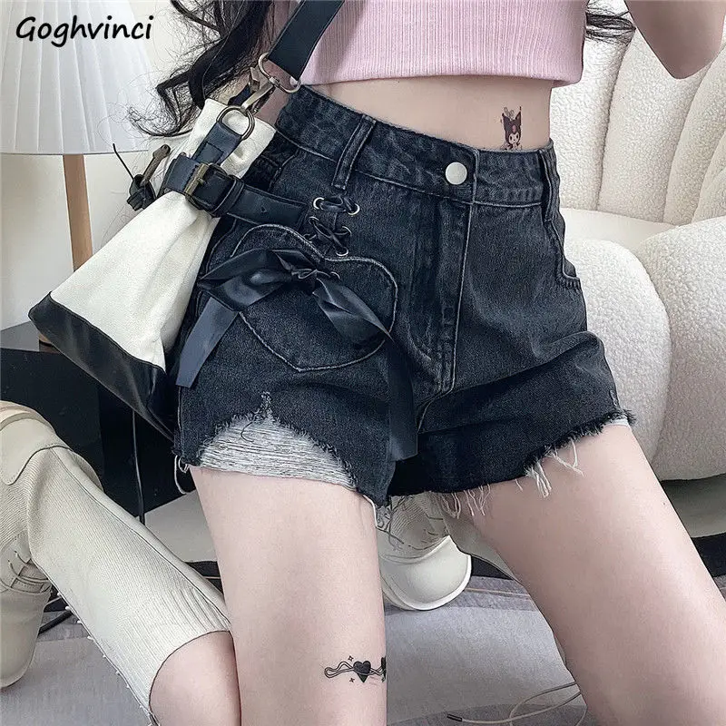 

Denim Shorts Women Hole Bow Design Cool Streetwear Sweet Sexy Y2k Trendy Loose All-match Basic Girlish Mujer High Waist Goth Ins