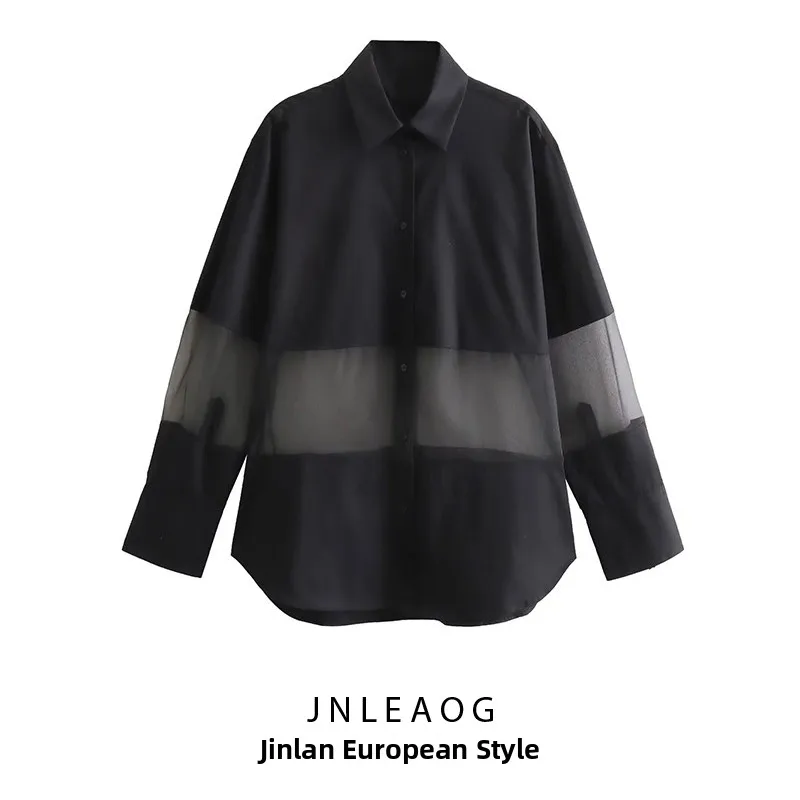 قميص نسائي فضفاض بأسلوب الشارع الخريفي من JNLEAOG، مصنوع من التول الشفاف، بأكمام طويلة وياقة بولو، بسماكة عادية