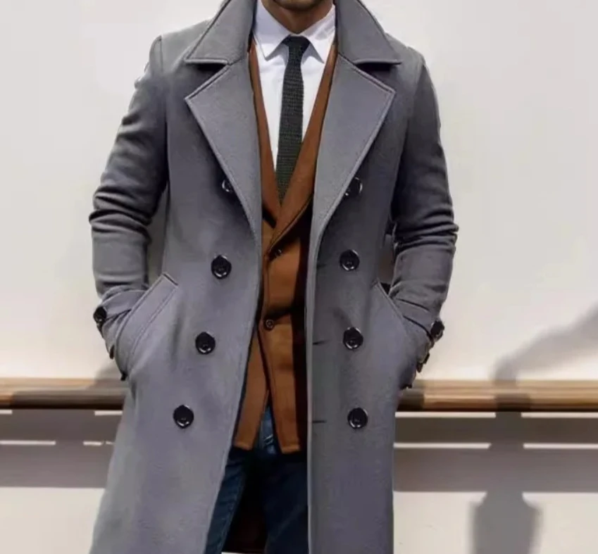 

Autumn Winter New Mid-Length Double-Breasted Men's Wool Coat Slim Fit Overcoat European Size Simple