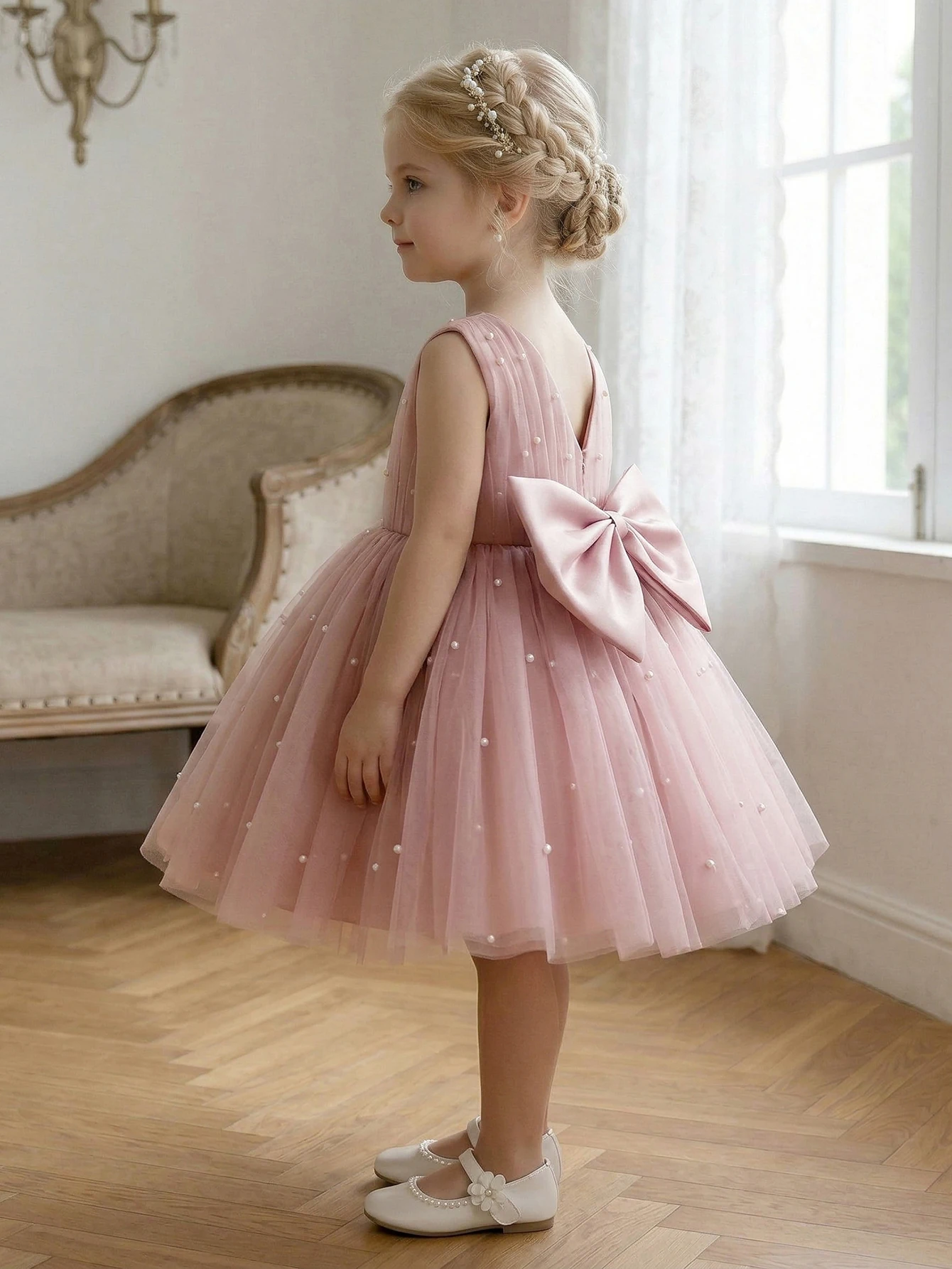 Young Girl Pink Pearl Bowknot Decorated Net Party Dress,Birthday Party,Princess Dress,Banquet,Stage Performance,Daily Wear view 2