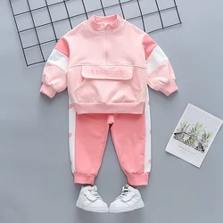 Girls Spring Autumn Korean Fashion Costumes Long Sleeve Letter Print Coat+Pink Pants Two Piece Casual Tracksuit Outfit
