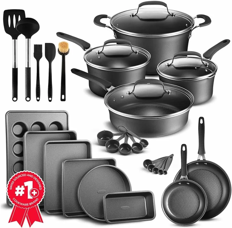 23 Piece Cookware Set, Cooking Pots with Lids, Skillet Fry Pans and Bakeware –Reinforced Aluminum Metal, Black/Golden/Blue/Green