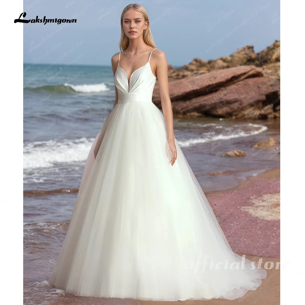 Lakshmigown Spaghettiträger V-Ausschnitt Satin Tüll Hochzeitskleid für Frauen A-Linie Einfaches Brautkleid Robe Mariage Maßanfertigung – Detail 5