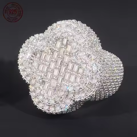 925 Sterling Silver Luxury Hip Hop Ring For Men Full Cubic Zirconia White Gold Plated Clover Rings Male Punk Jewelry Party Gift