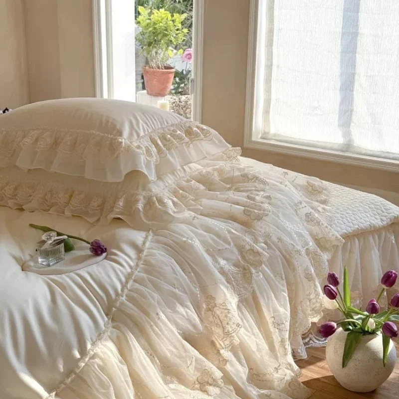 French Style Premium Feel Cotton Long-staple Cotton Four Piece Bed Cover Set Princess Style Lace Lace Duvet Cover Bedding 4