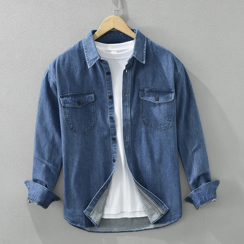 2024 Spring New Men Denim Shirt Long Sleeve Soft 100% Cotton Two Pockets Loose Elastic Jean Tops Cowboy Button Shirt