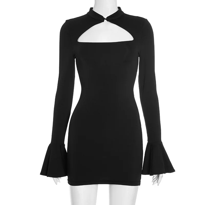 2026 Neu eingetroffen: Sexy figurbetontes Kleid mit Ausschnitt am Kragen, langen ausgestellten Ärmeln und schmaler Bleistift-Mini-Silhouette – perfekt für Club, Party und besondere Anlässe – Detail 7