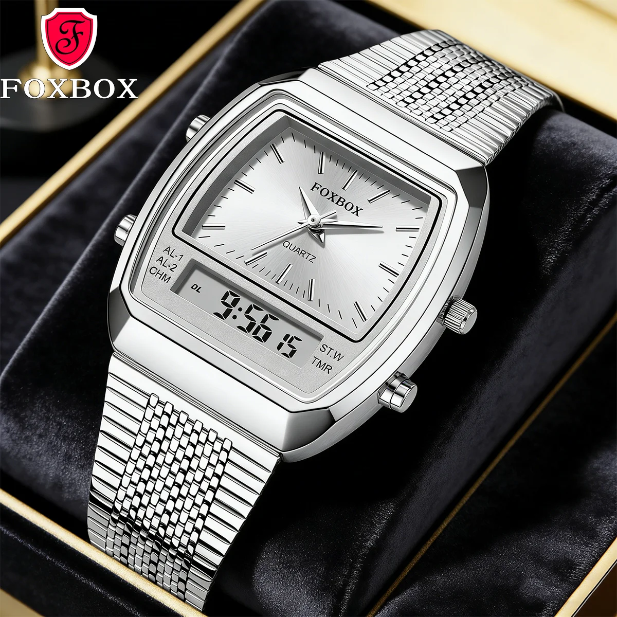 

FOXBOX Топовые роскошные часы для мужчин и женщин, модные повседневные часы с двойным дисплеем, спортивные, с отображением времени и дня недели, водонепроницаемые (3 бар), цифровые кварцевые наручные часы.