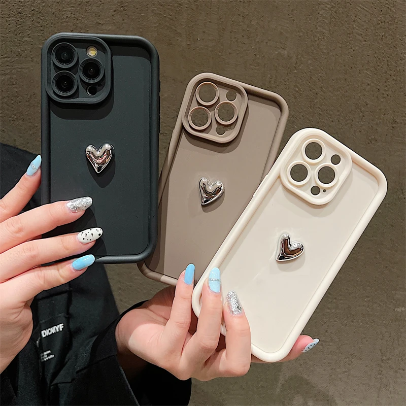 Silver Heart Silicone Soft Phone Case For iPhone 16 15 14 13 12 11 Pro Max XS XR 7 8 Plus SE 2020 Shockproof Candy Matte Cover