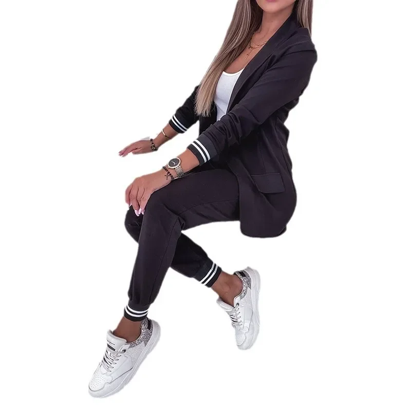 Elegant Women Two Piece Set Office Lady Tracksuit Sport Outfits Long Sleeve Lapel Jacket Coat Elastic High Waist Skinny Pants