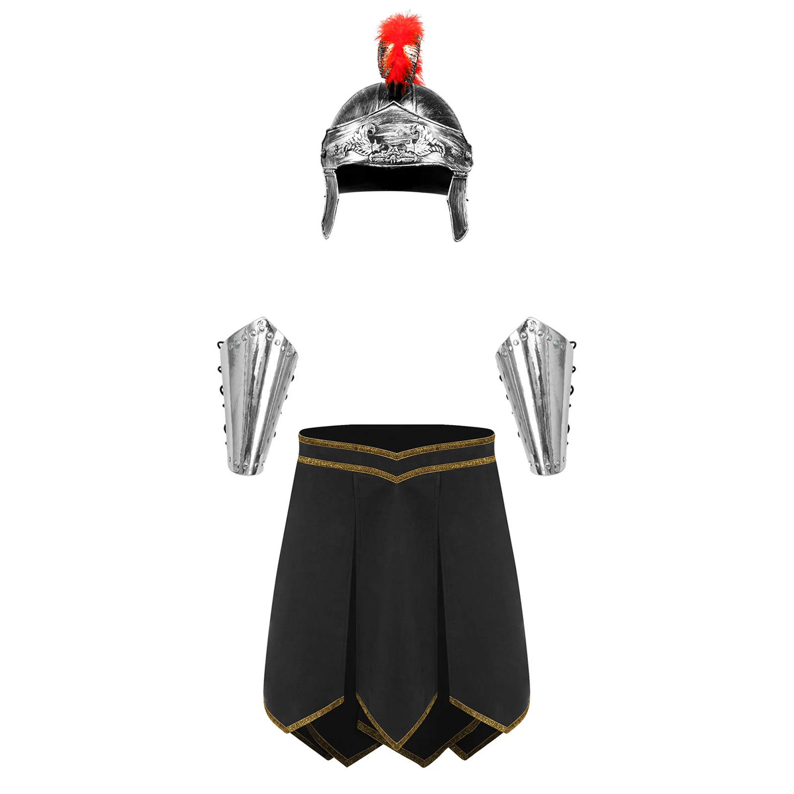 

Men Ancient Romans Gladiator Spartan Warrior Cosplay Armor Skirt And Crested Helmet And Arm Guards Set for Halloween Masquerade