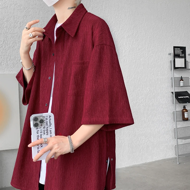 Wine Red Side Buttons Pleated Shirt Black Apricot Harajuku Button Up Korean Short Sleeve Aesthetic Male Shirts Men Blouse