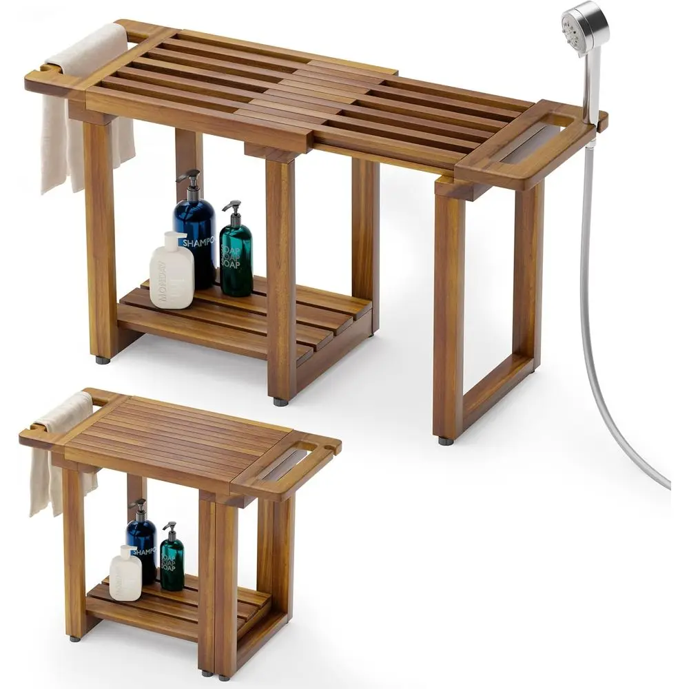 

Деревянная скамья для душа 31,7 дюйма с полкой для хранения, ручкой и держателем для душевых принадлежностей - водонепроницаемая, для комфортного использования в условиях спа-салона