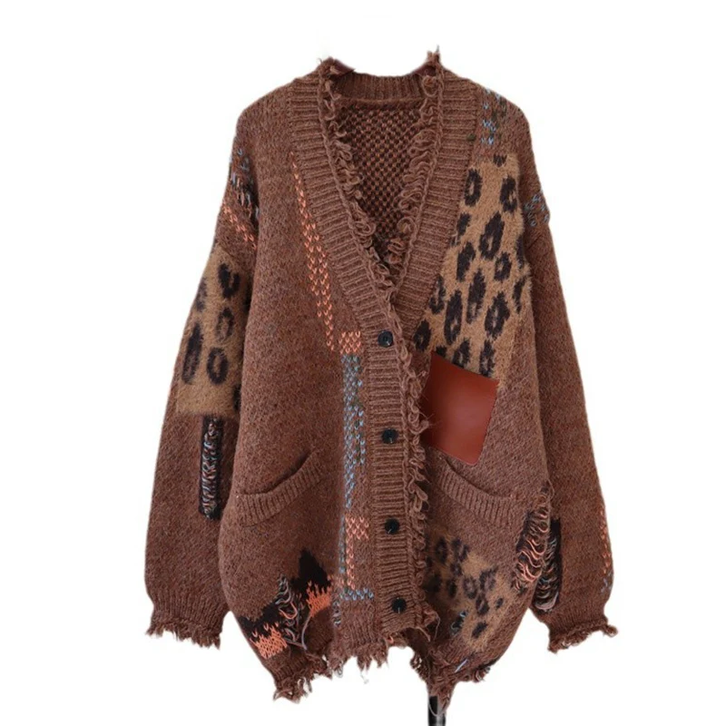 WTHT Trendy Women\'s Spliced Vintage Leopard Loose Knitted Cardigan 2024 Winter Fashion V-neck Long Sweater Female 1LS593