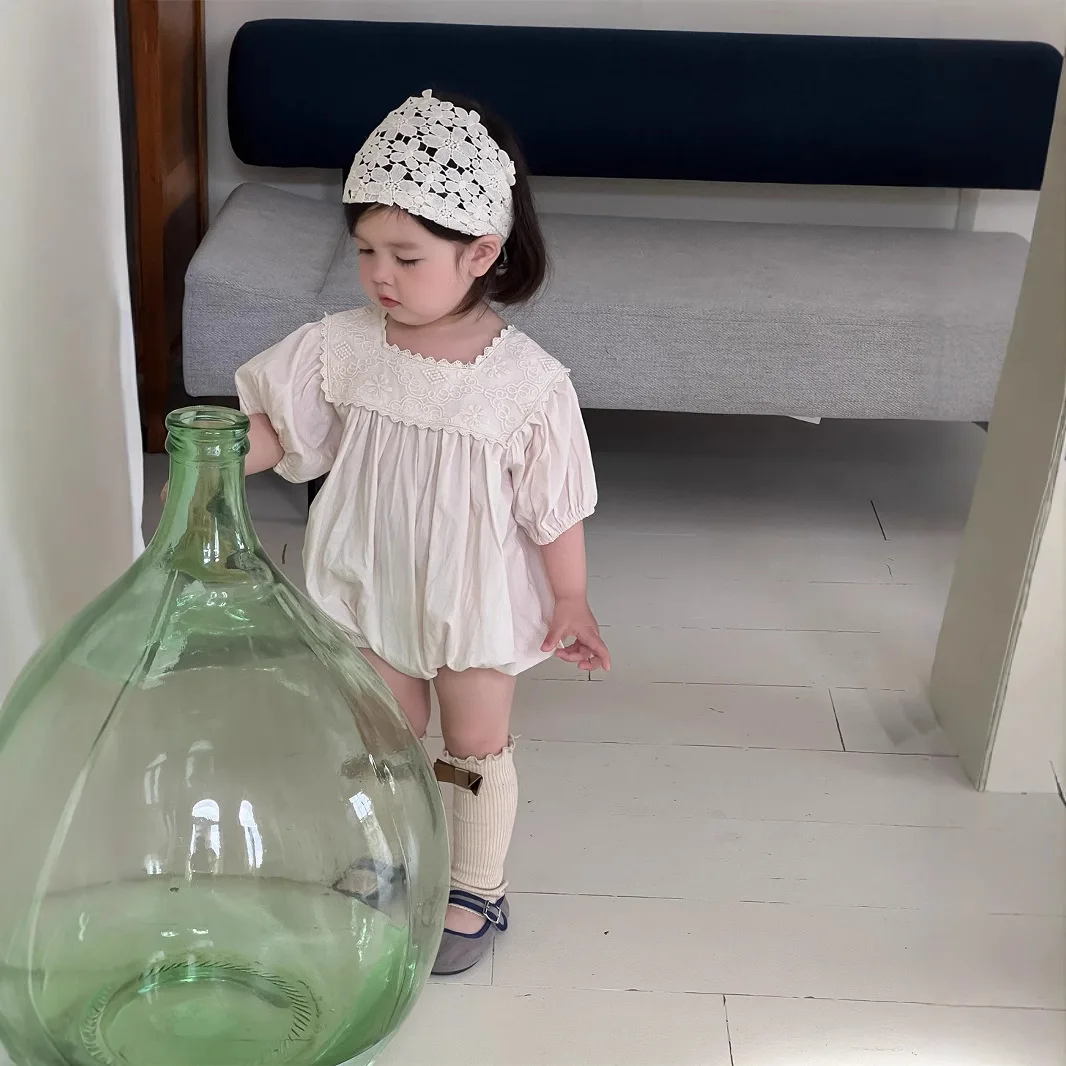 

Girls Onesie 2025 Summer New Childrens Clothing Korean Style Girls Baby Fashion Lace Collar Thin Onesie Casual Simple Lovely