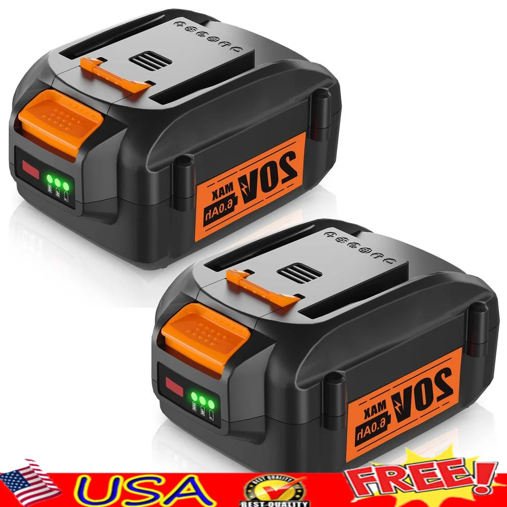 High Capacity 20V Battery Pack 2Pack 6.0Ah Lithium-ion Replacement Worx 20V Tools Compatible with WA3520 WA3525 Extended Runtime