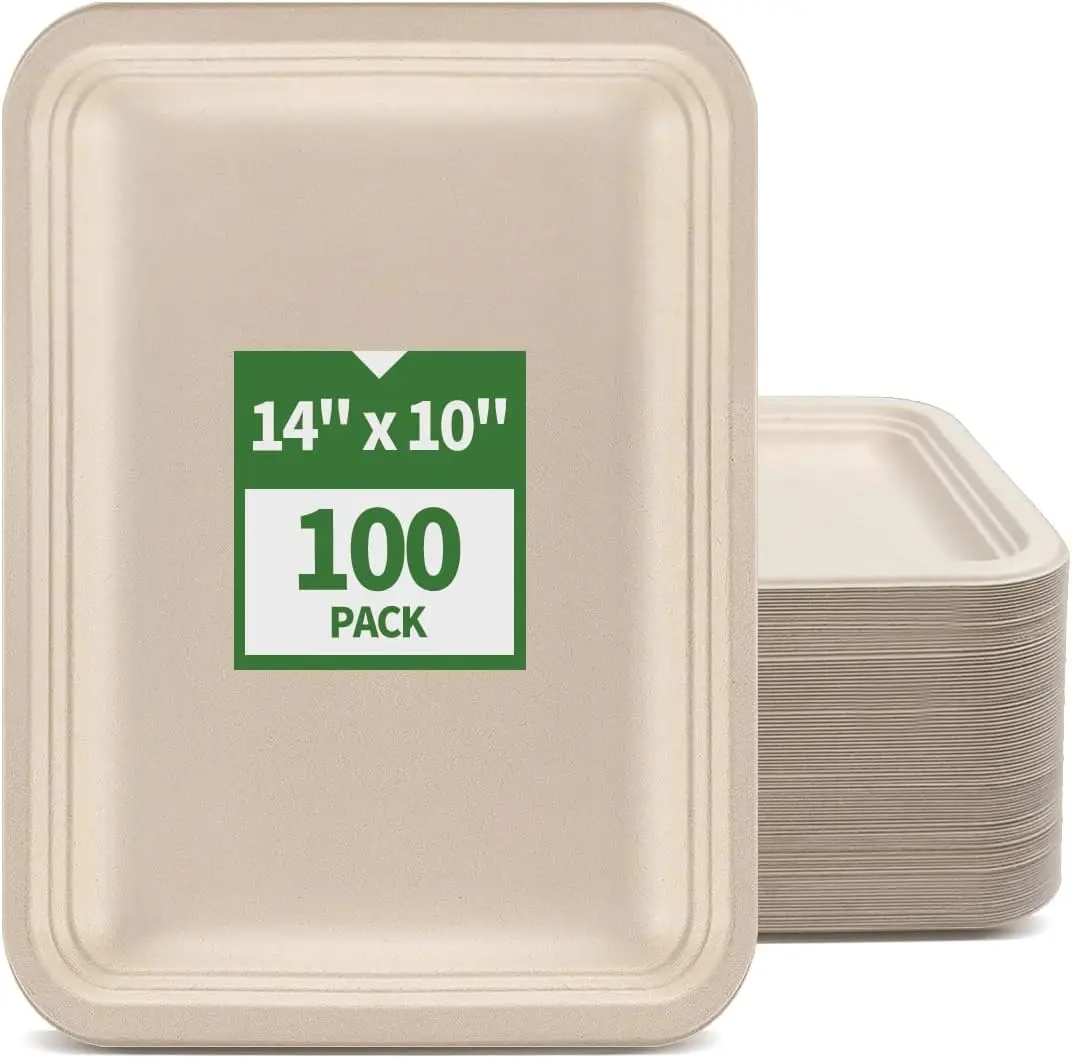 

100 Pack 14 Inch Large Disposable Food Trays for Seafood Boil BBQ Dessert, Heavy Duty Paper Plates