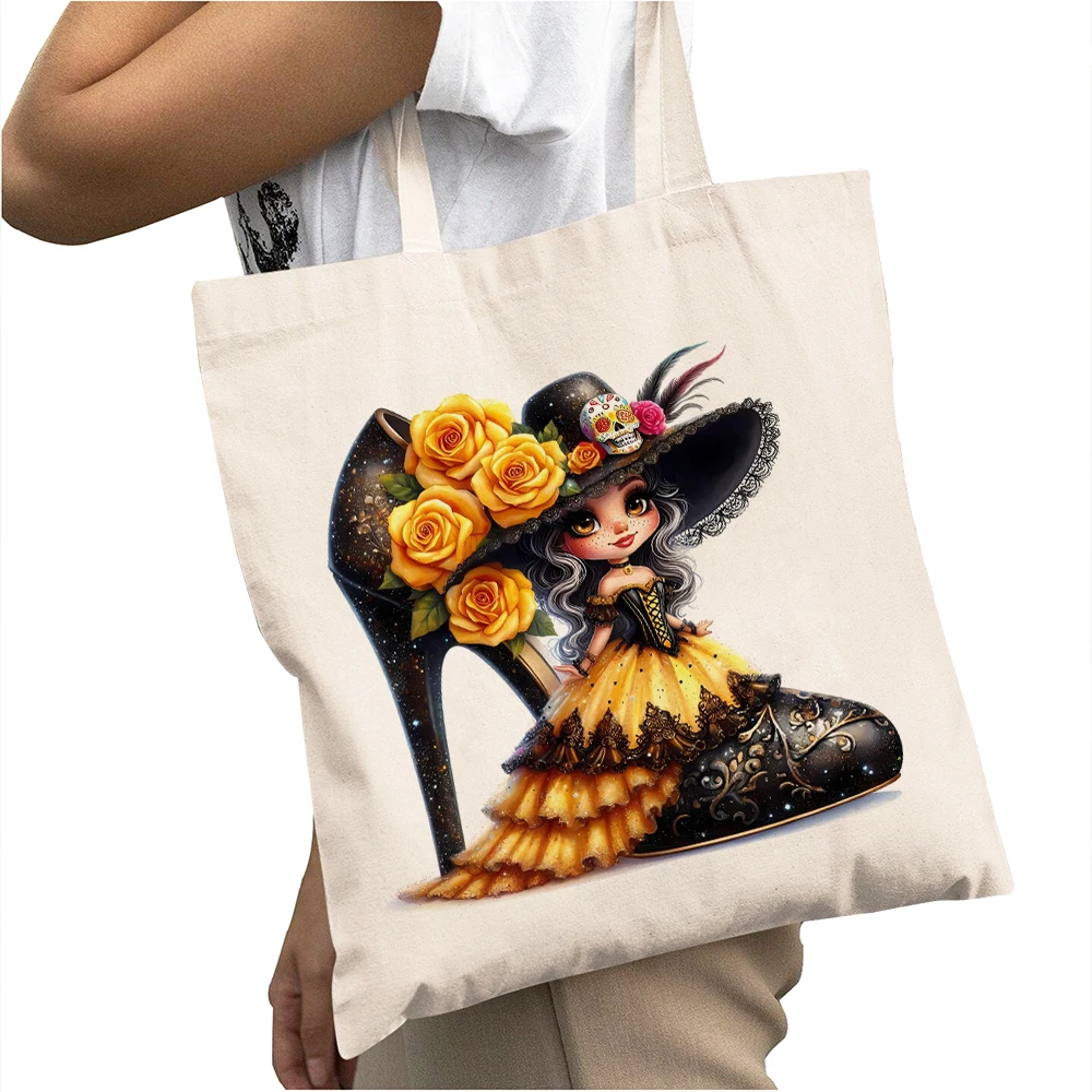 

High Heel Skull Puffy Skirt Girl Big Shopper Bag Double Print Casual Cartoon Women Shoulder Tote Handbag Eco Lady Shopping Bags