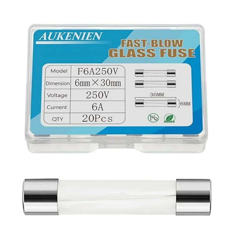 

AUKENIEN 6X30 MM 6A 250V Glass Fuses F6AL 6 Amp 250 Volt F6AL250V Fast Blow Cartridge Tube Fuse(Pack of 20)