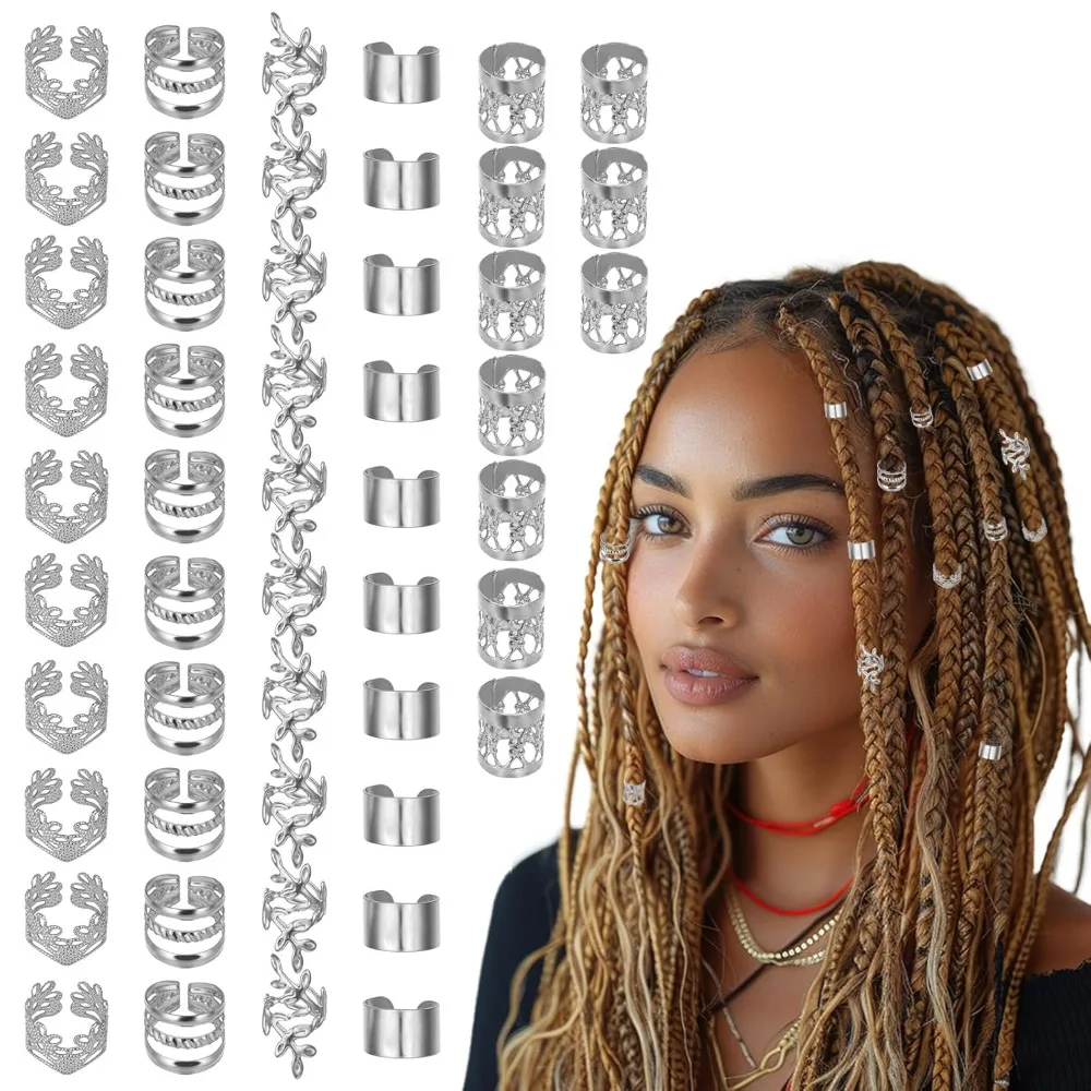 50PCS Adjustable Silver Hair Rings Cuffs Charms Beads for Braids Dreadlocks Hair Jewelry Accessories Decorations for Men and Women