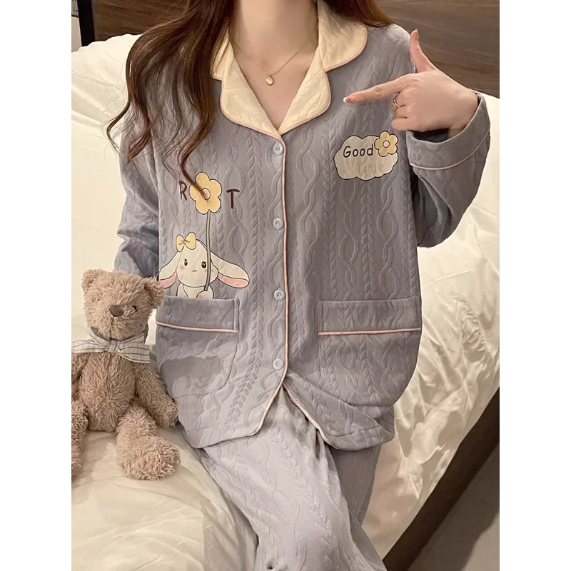 Sanrio yugui cão outono algodão pijamas femininos manga longa conjunto de duas peças pijamas de seda feminino loungewear pijamas calças conjunto