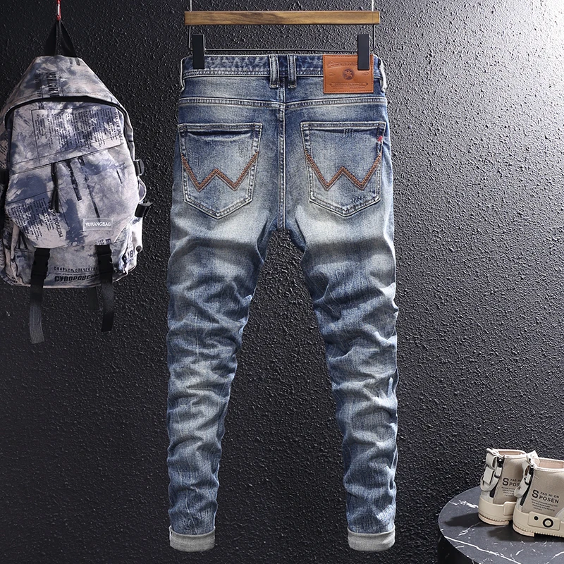 Fashion Vintage Men Jeans Retro Washed Blue High Quality Slim Jeans Men Casual Trousers Embroidery Designer Denim Pants Hombre