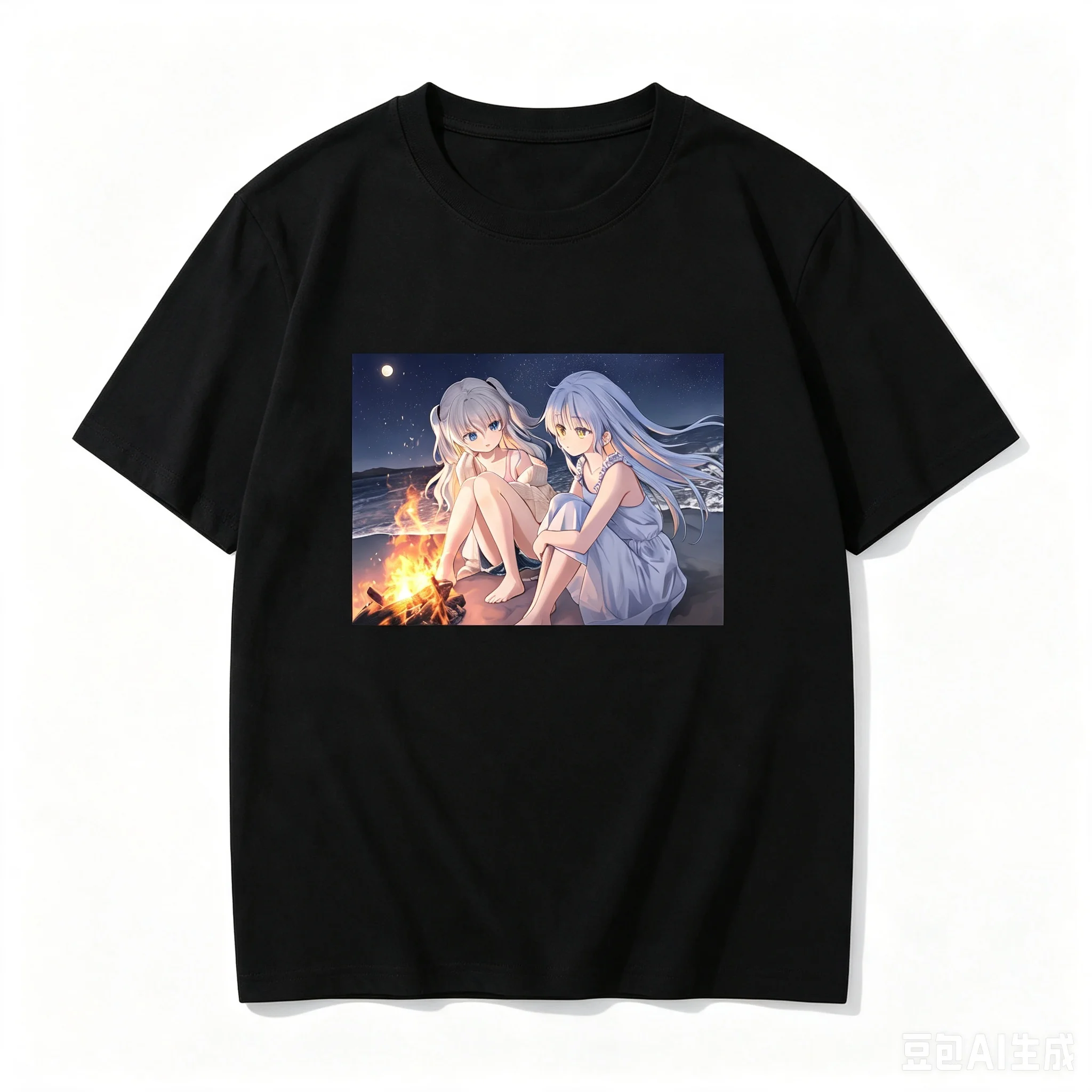 Camiseta cómoda de manga corta con cuello redondo y gráfico de crossover de anime Kanade Tachibana Tomori Nao Beach Bonfire para mujeres y hombres