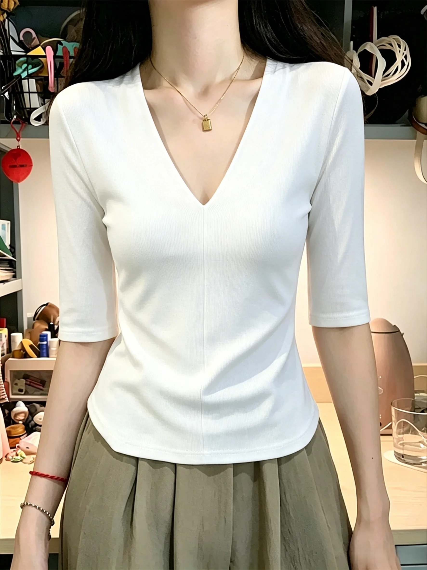

95 Cotton V-Neck Spring Autumn Medium Sleeve Women's T-Shirt Slim Fit Base Shirt Five Half Sleeve Top Simple Style Pure Color