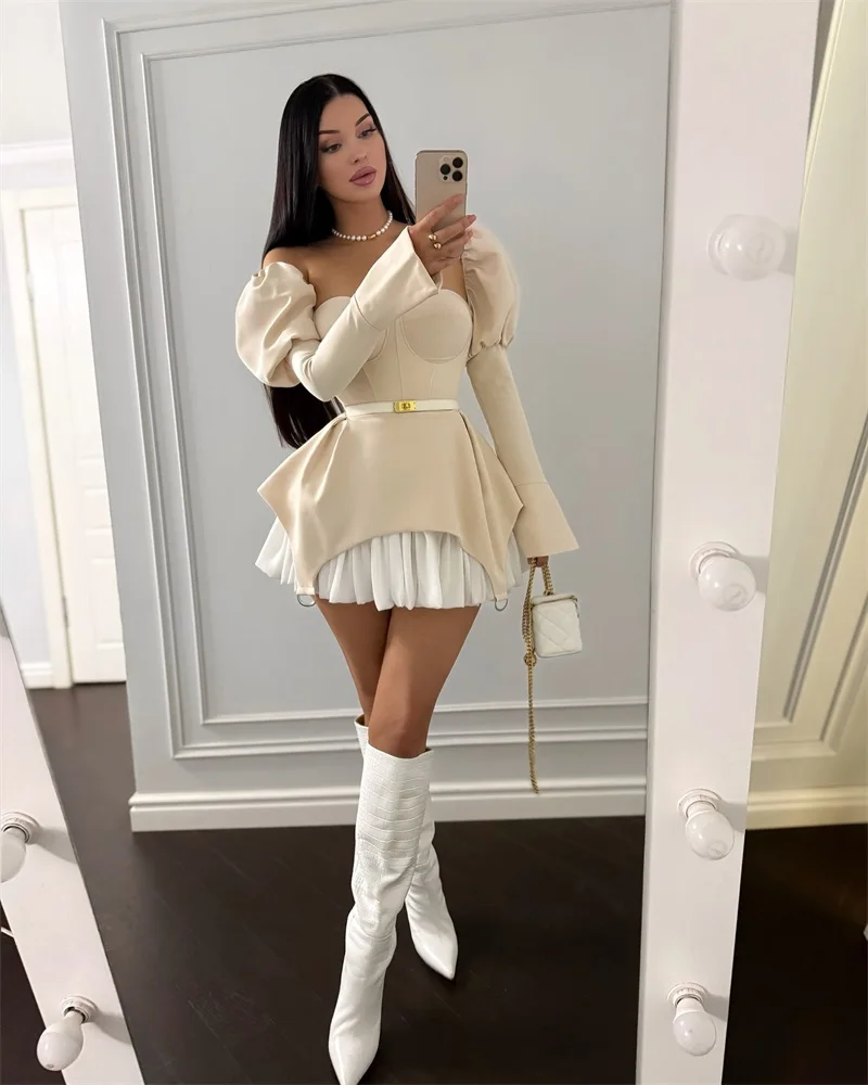 

Beige White Women Prom Dress Sexy Short Mini Skirt Irregular Hem Bubble Full Sleeves Formal Casual Robes Party Evening Gown