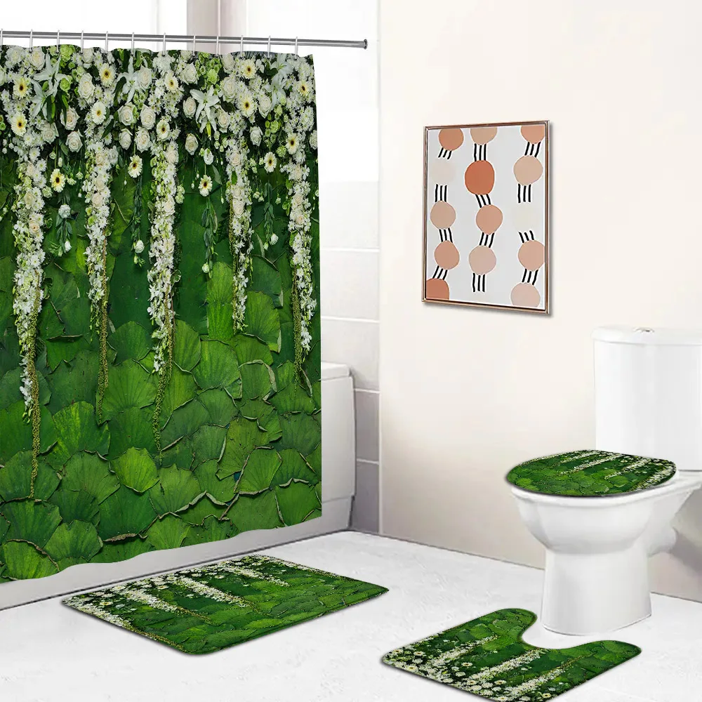 Plant Yellow Leaf Shower Curtain Set Green Leaves Vine Pink Flower Feather Boho Bathroom Decor Fashion Bath Mat Toilet Lid Cover